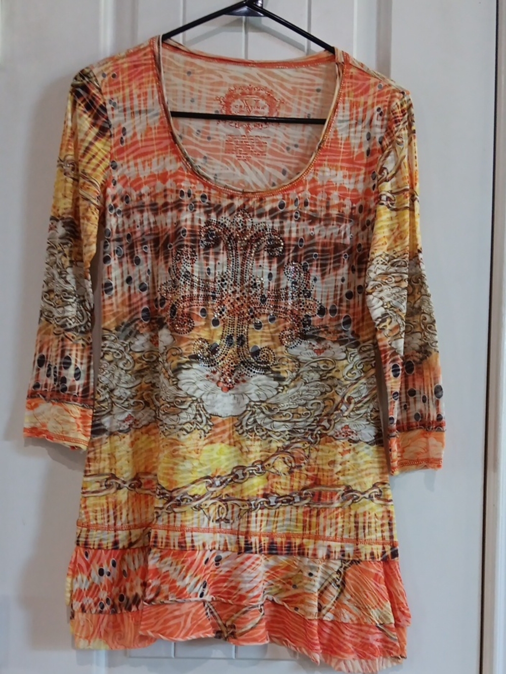 Cristina Y2K Whimsigoth Embellished Graphic Ruffle Tunic Blouse Small LN